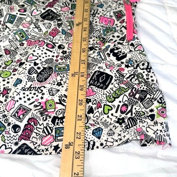 Koi Lite Womens Scrub Top S White Pink Fun Print Short Sleeves Zipper Pockets - Picture 7 of 8